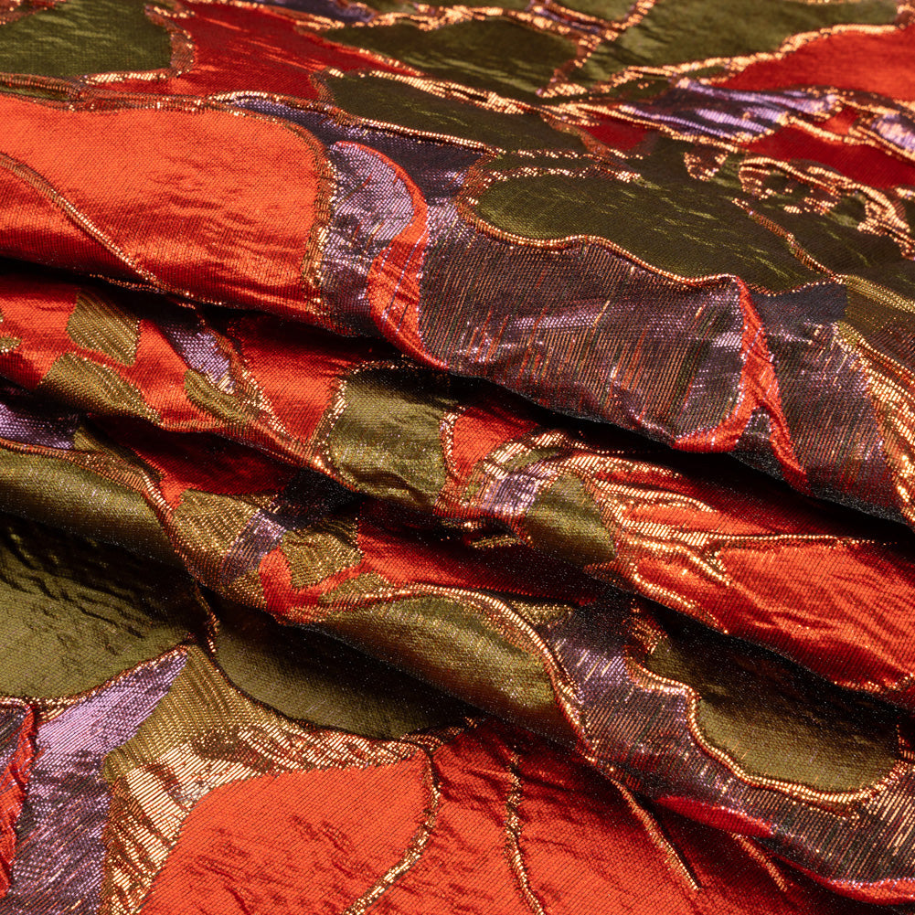 Metallic Burnt Orange, Lilac and Olive Floral Luxury Brocade - Folded