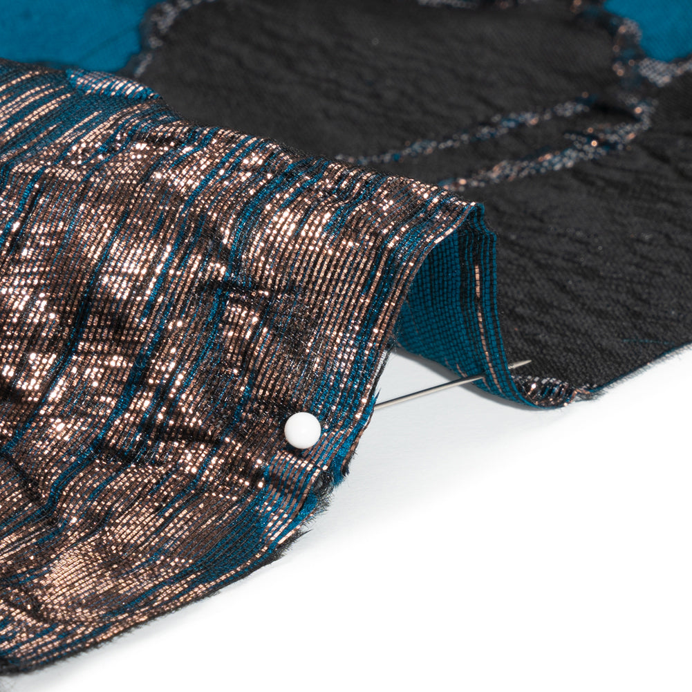 Metallic Copper, Black and Teal Floral Luxury Brocade - Detail