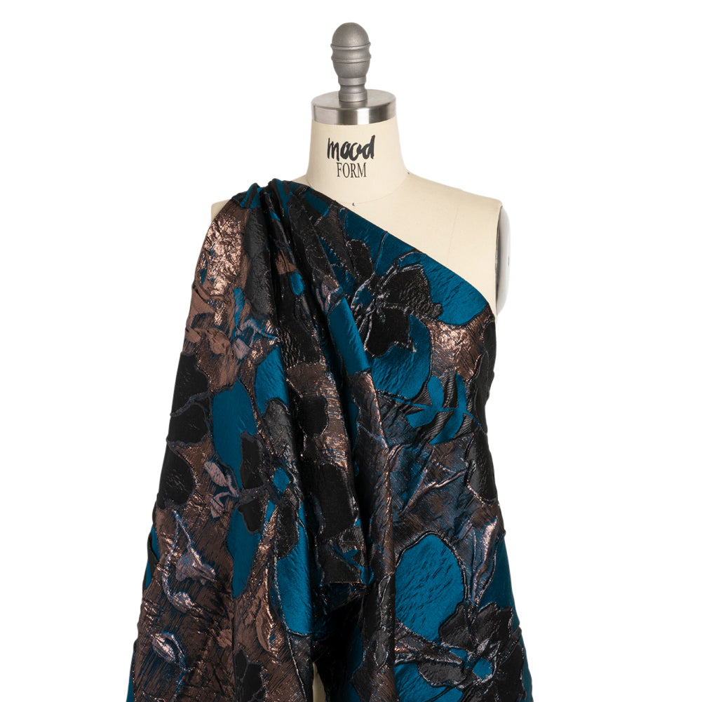 Metallic Copper, Black and Teal Floral Luxury Brocade - Drape