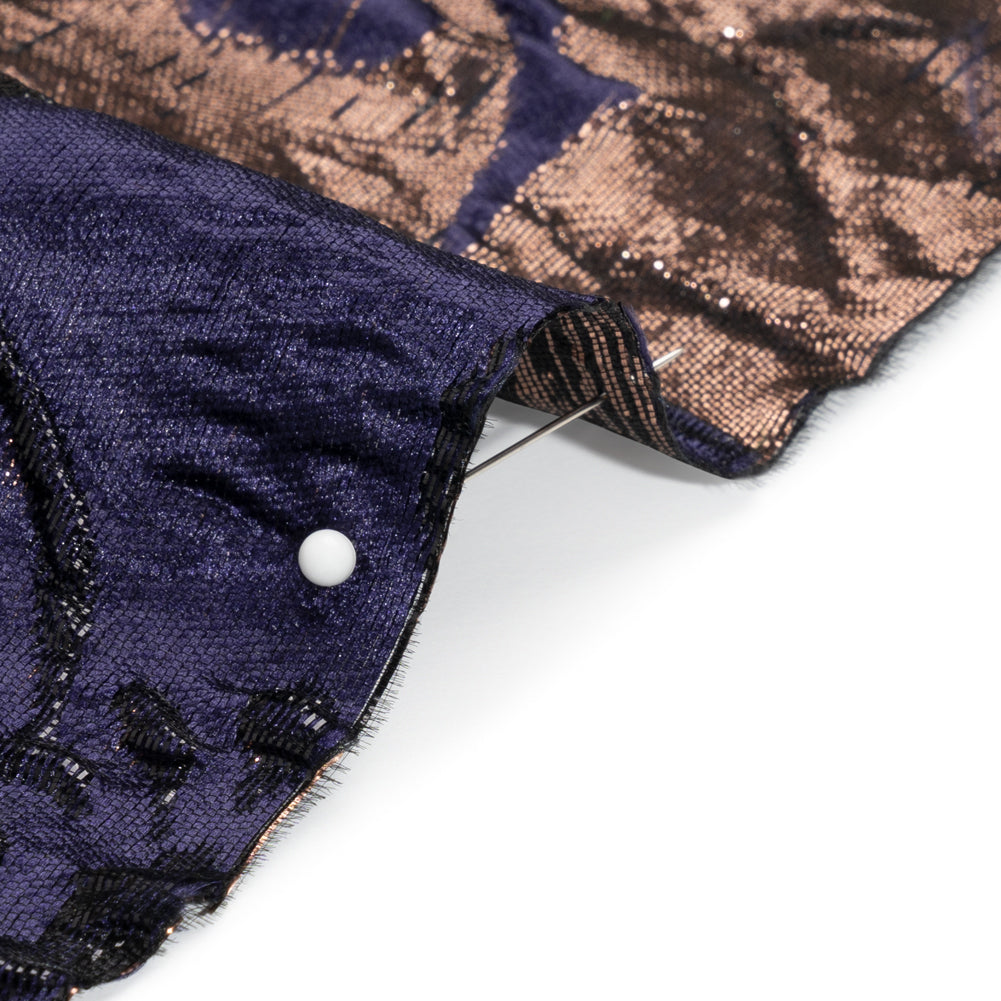 Metallic Rose Gold, Black and Navy Floral Luxury Brocade - Detail