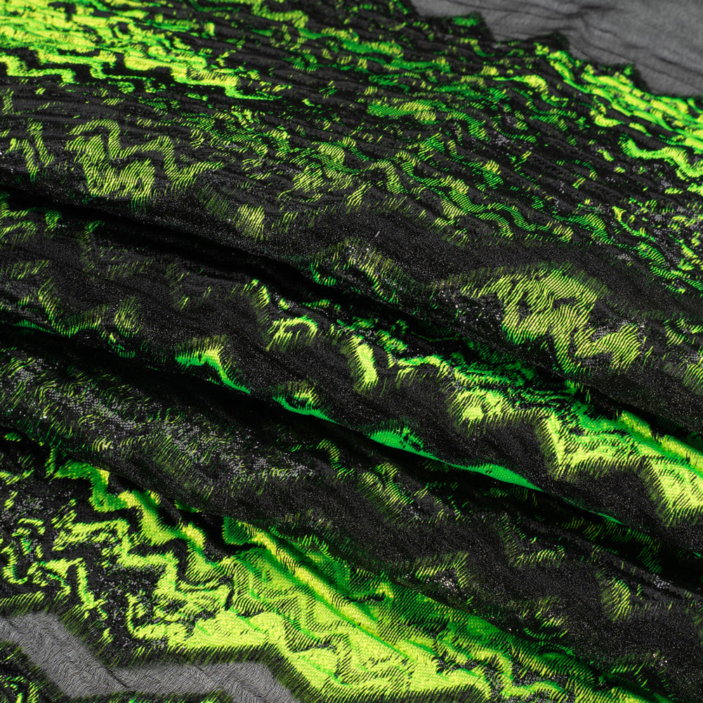 Metallic Black and Lime Green Drifting Rifts Crinkled Luxury Burnout Brocade - Folded