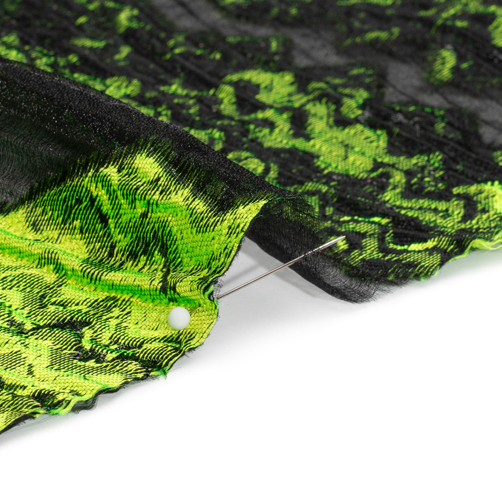 Metallic Black and Lime Green Drifting Rifts Crinkled Luxury Burnout Brocade - Detail