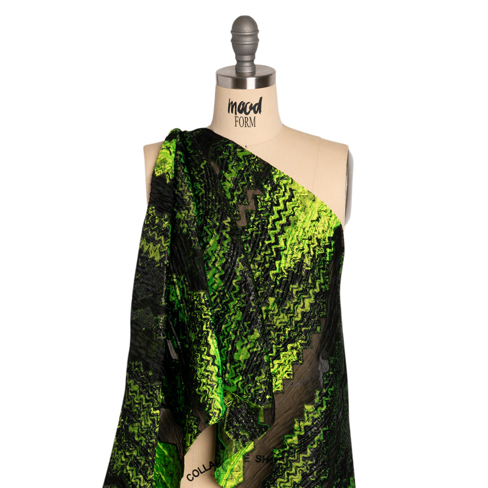 Metallic Black and Lime Green Drifting Rifts Crinkled Luxury Burnout Brocade - Drape
