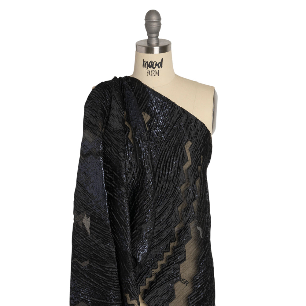 Metallic Midnight and Black Drifting Rifts Crinkled Luxury Burnout Brocade - Drape