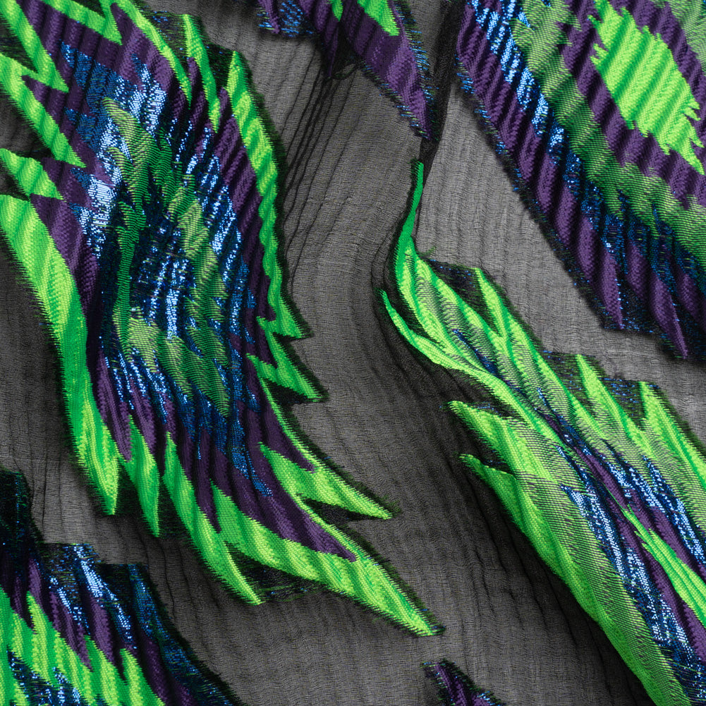 Metallic Blue, Purple and Lime Exploding Stars Ribbed Luxury Burnout Brocade