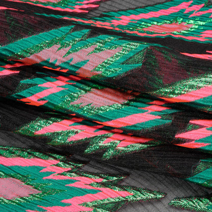 Metallic Green, Hot Pink and Black Exploding Stars Ribbed Luxury Burnout Brocade