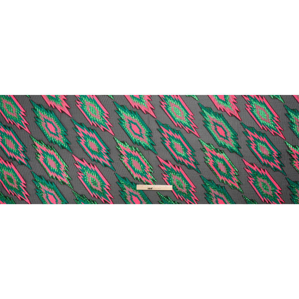 Metallic Green, Hot Pink and Black Exploding Stars Ribbed Luxury Burnout Brocade