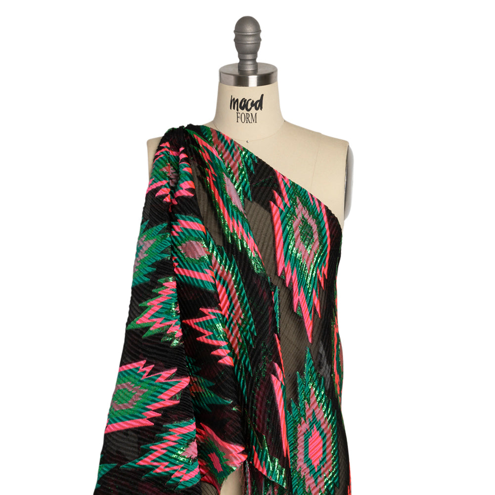 Metallic Green, Hot Pink and Black Exploding Stars Ribbed Luxury Burnout Brocade