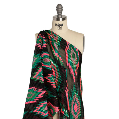 Metallic Green, Hot Pink and Black Exploding Stars Ribbed Luxury Burnout Brocade