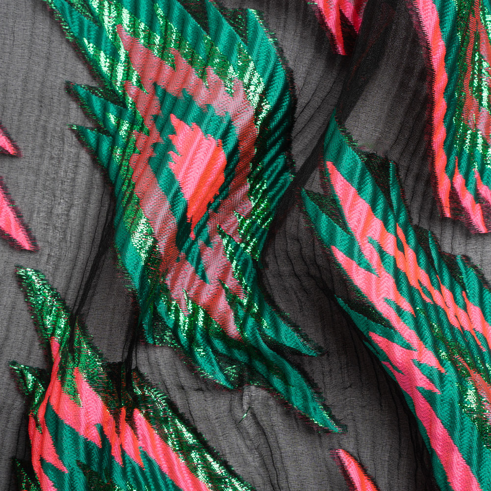 Metallic Green, Hot Pink and Black Exploding Stars Ribbed Luxury Burnout Brocade