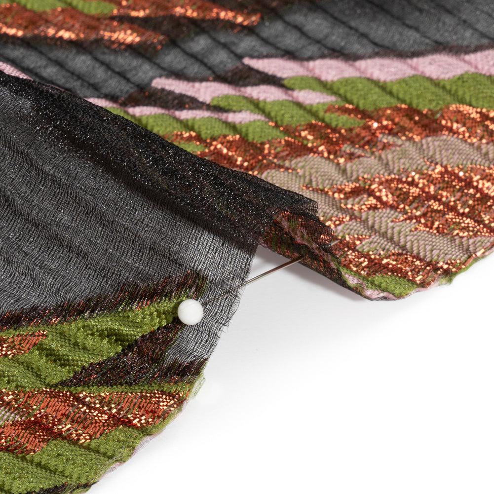 Metallic Copper, Mauve and Olive Exploding Stars Ribbed Luxury Burnout Brocade - Detail