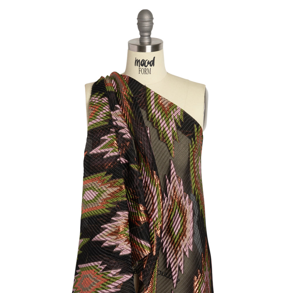 Metallic Copper, Mauve and Olive Exploding Stars Ribbed Luxury Burnout Brocade - Drape