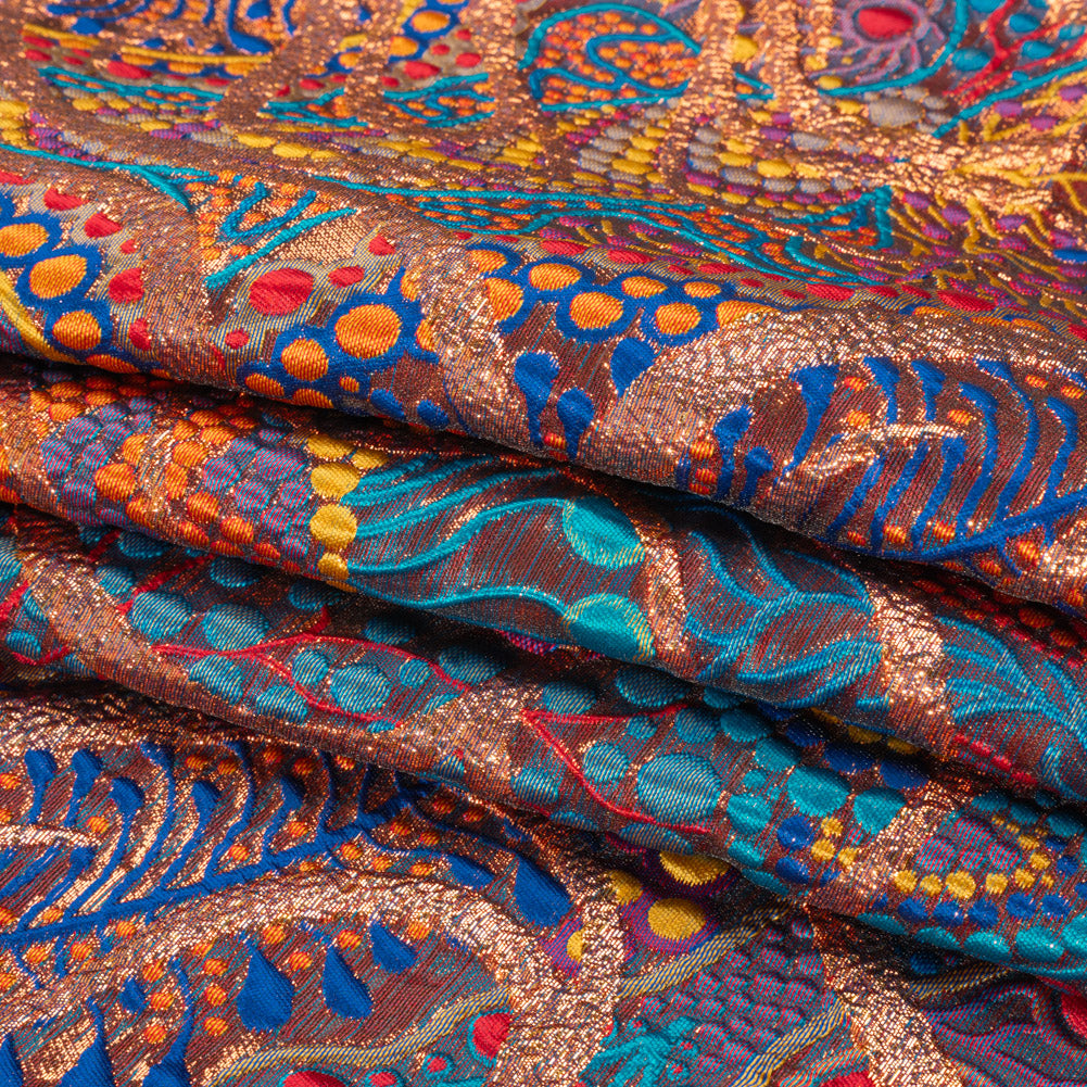 Metallic Copper, Blue and Red Organic Flow Luxury Brocade - Folded