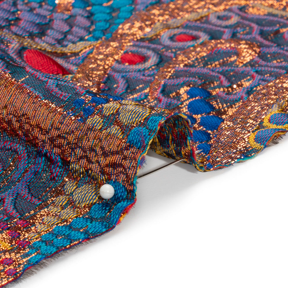 Metallic Copper, Blue and Red Organic Flow Luxury Brocade - Detail