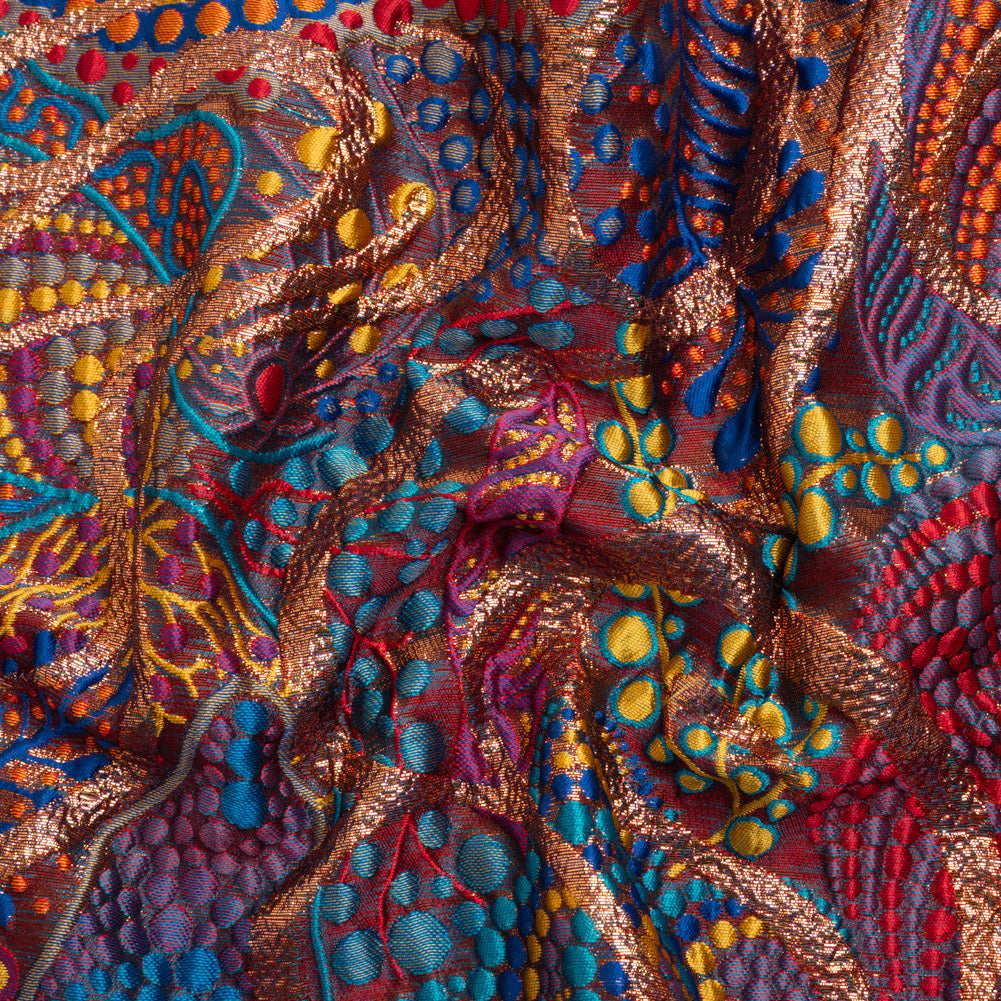 Metallic Copper, Blue and Red Organic Flow Luxury Brocade
