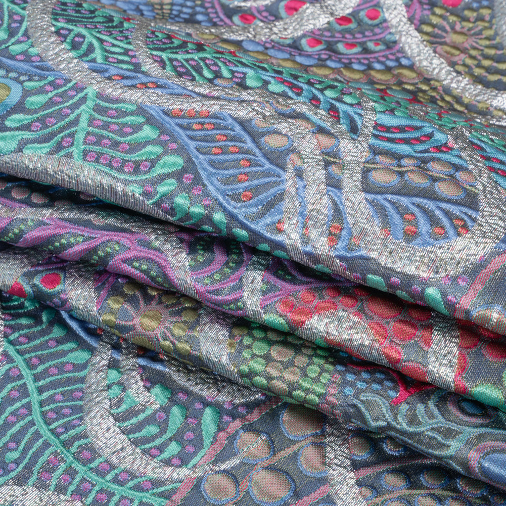 Metallic Silver, Blue and Pink Organic Flow Luxury Brocade - Folded