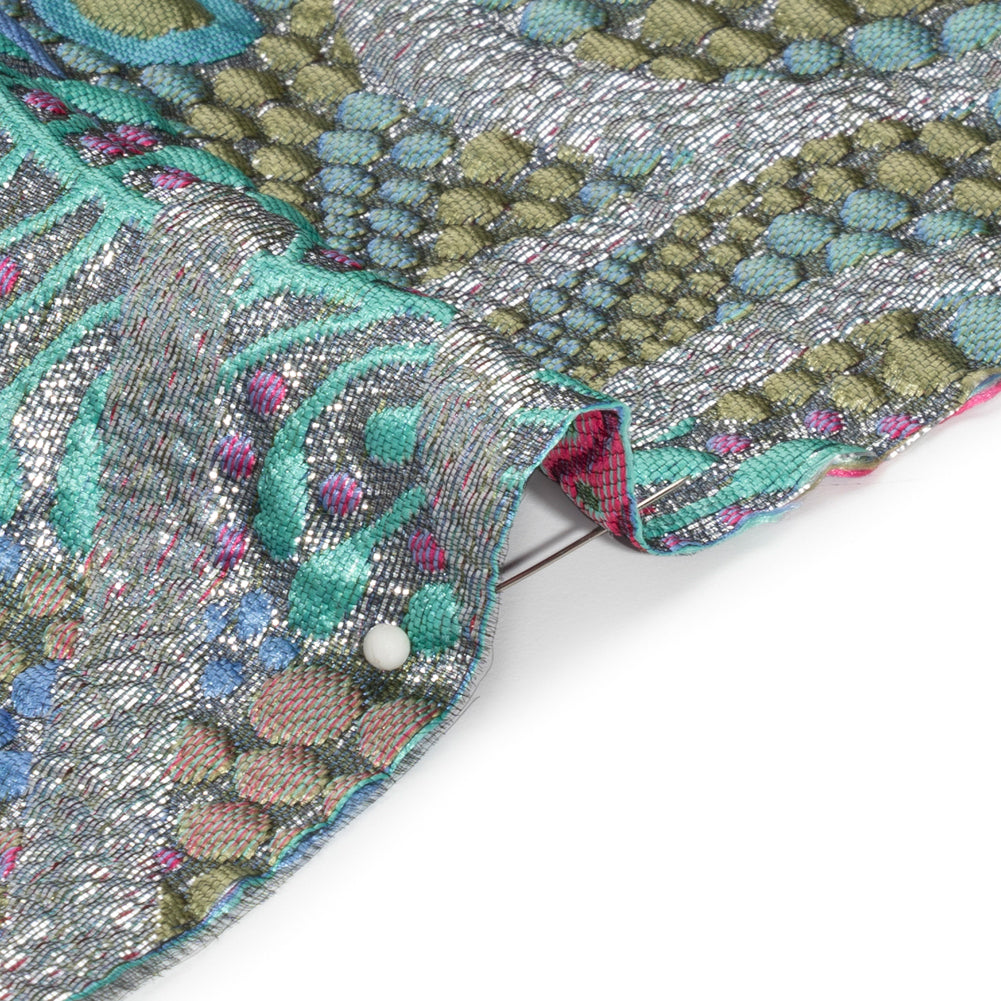 Metallic Silver, Blue and Pink Organic Flow Luxury Brocade - Detail