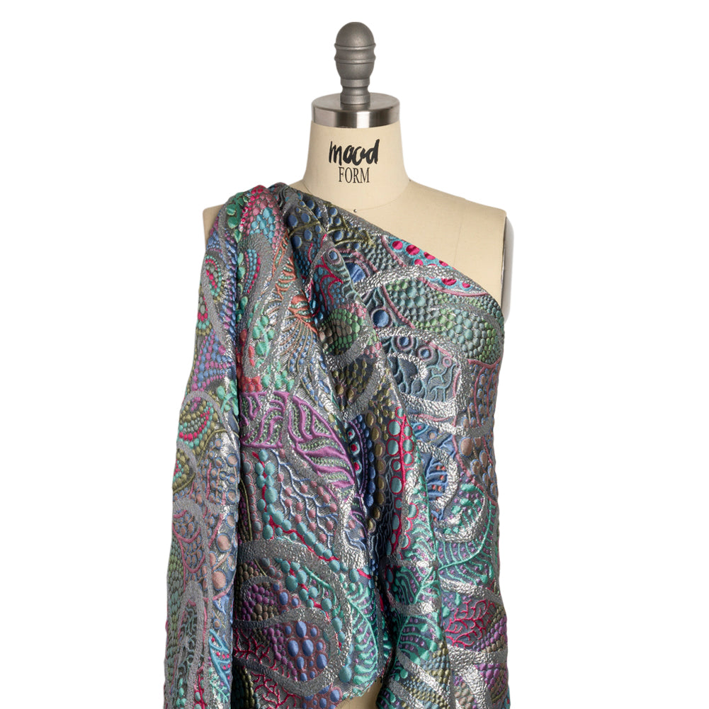 Metallic Silver, Blue and Pink Organic Flow Luxury Brocade - Drape