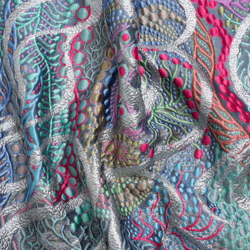 Metallic Silver, Blue and Pink Organic Flow Luxury Brocade