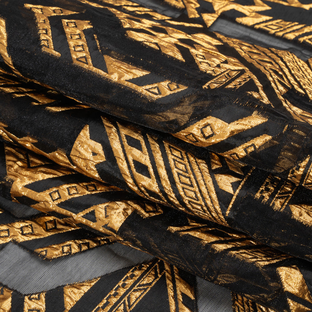Metallic Gold and Black Geometric Pathways Luxury Burnout Brocade - Folded