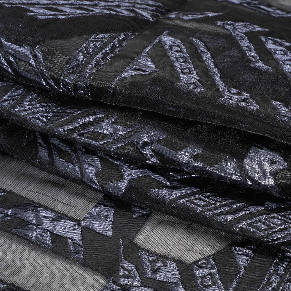 Metallic Midnight and Black Geometric Pathways Luxury Burnout Brocade