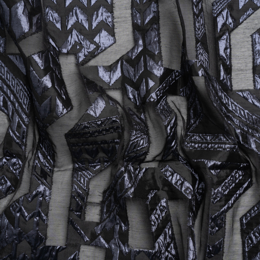 Metallic Midnight and Black Geometric Pathways Luxury Burnout Brocade