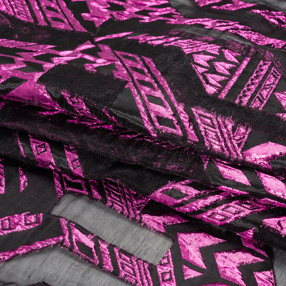 Metallic Fuchsia and Black Geometric Pathways Luxury Burnout Brocade - Folded