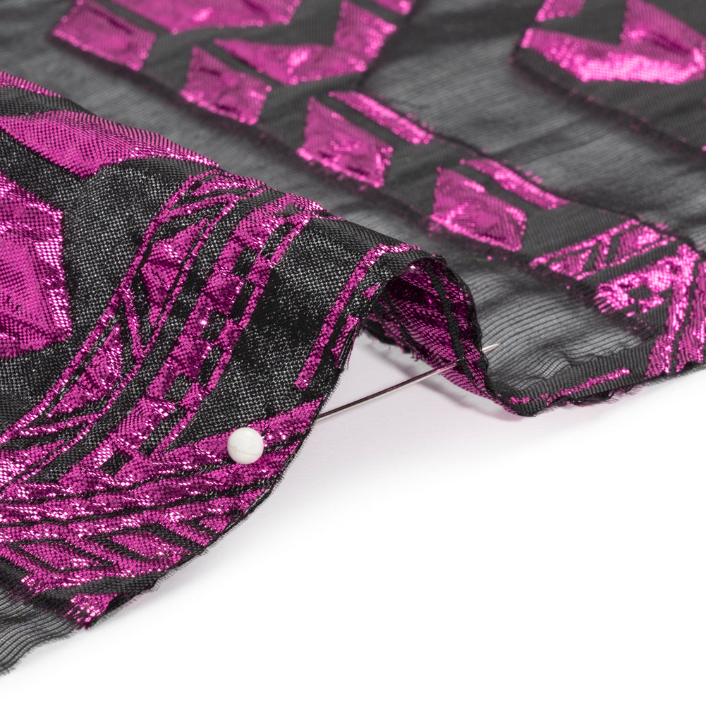Metallic Fuchsia and Black Geometric Pathways Luxury Burnout Brocade - Detail