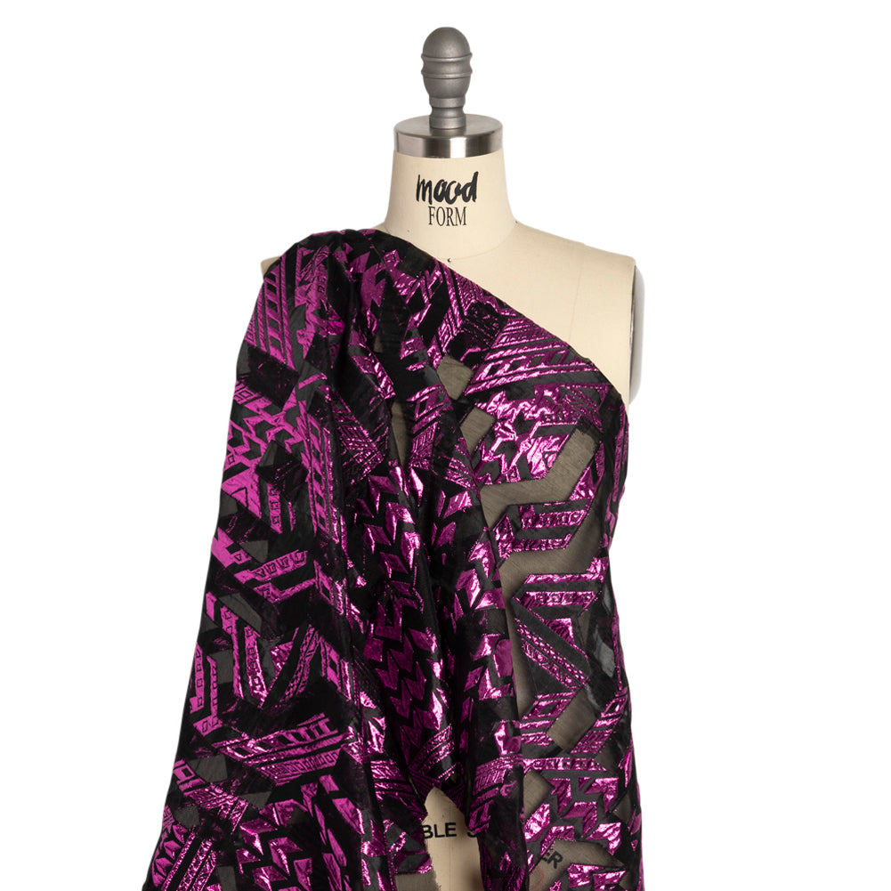 Metallic Fuchsia and Black Geometric Pathways Luxury Burnout Brocade - Drape