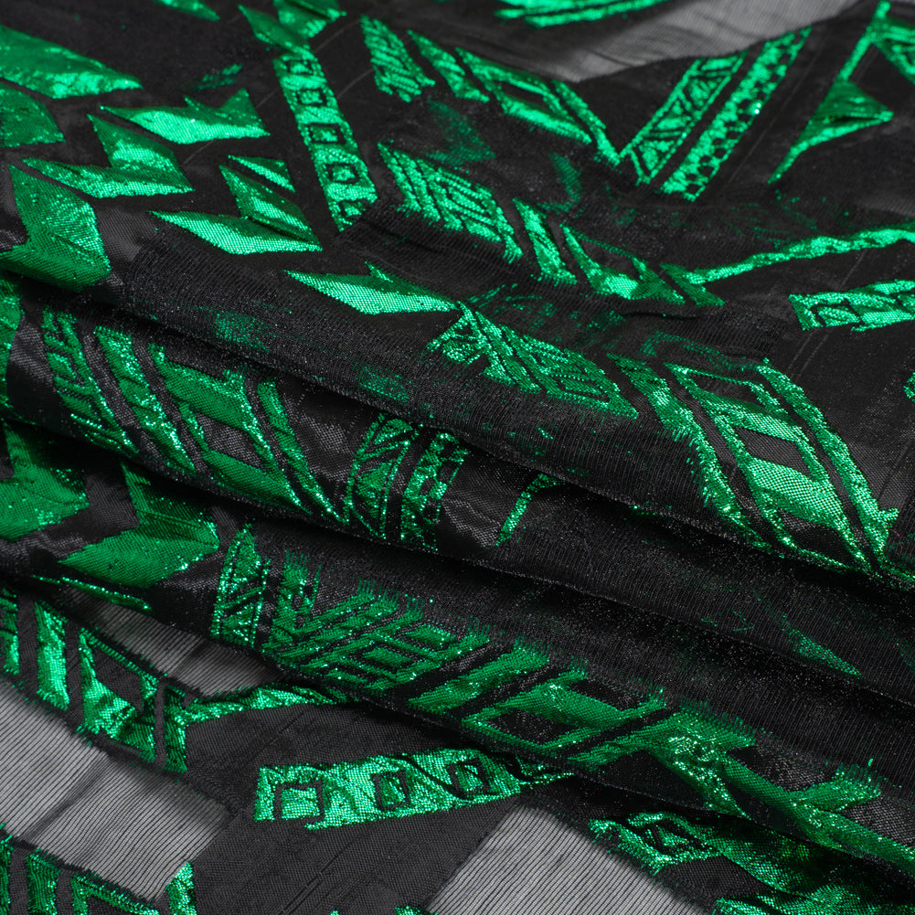 Metallic Kelly Green and Black Geometric Pathways Luxury Burnout Brocade