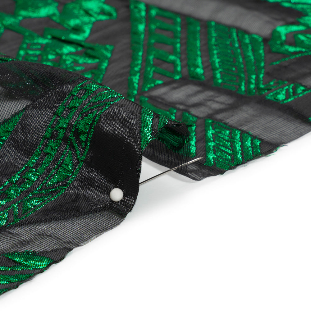 Metallic Kelly Green and Black Geometric Pathways Luxury Burnout Brocade