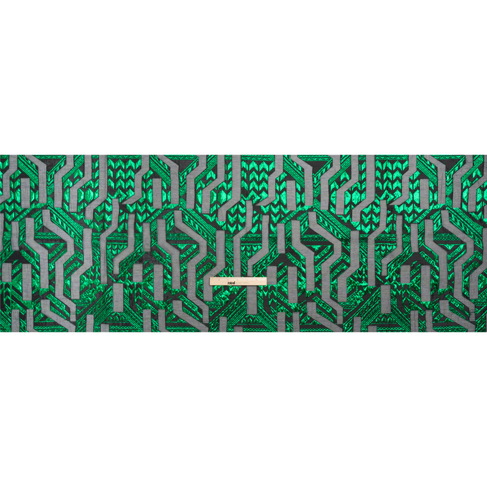 Metallic Kelly Green and Black Geometric Pathways Luxury Burnout Brocade