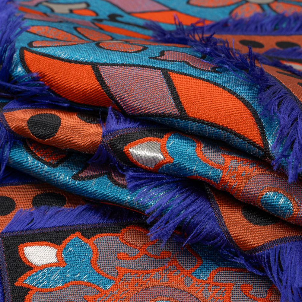 Teal, Orange and Blue Flowers and Fringed Diamonds Metallic Brocade - Folded