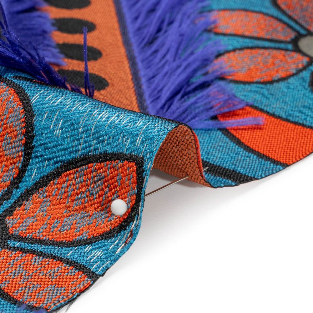Teal, Orange and Blue Flowers and Fringed Diamonds Metallic Brocade - Detail