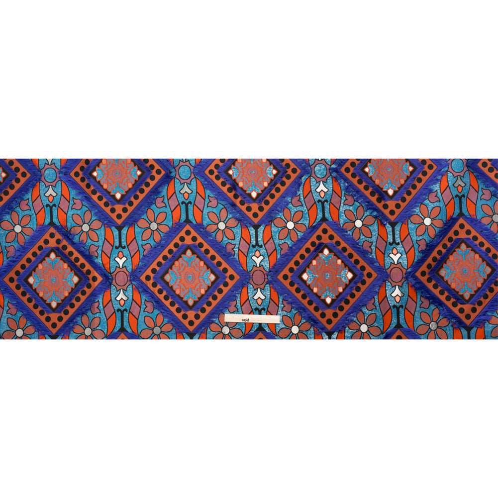 Teal, Orange and Blue Flowers and Fringed Diamonds Metallic Brocade - Full