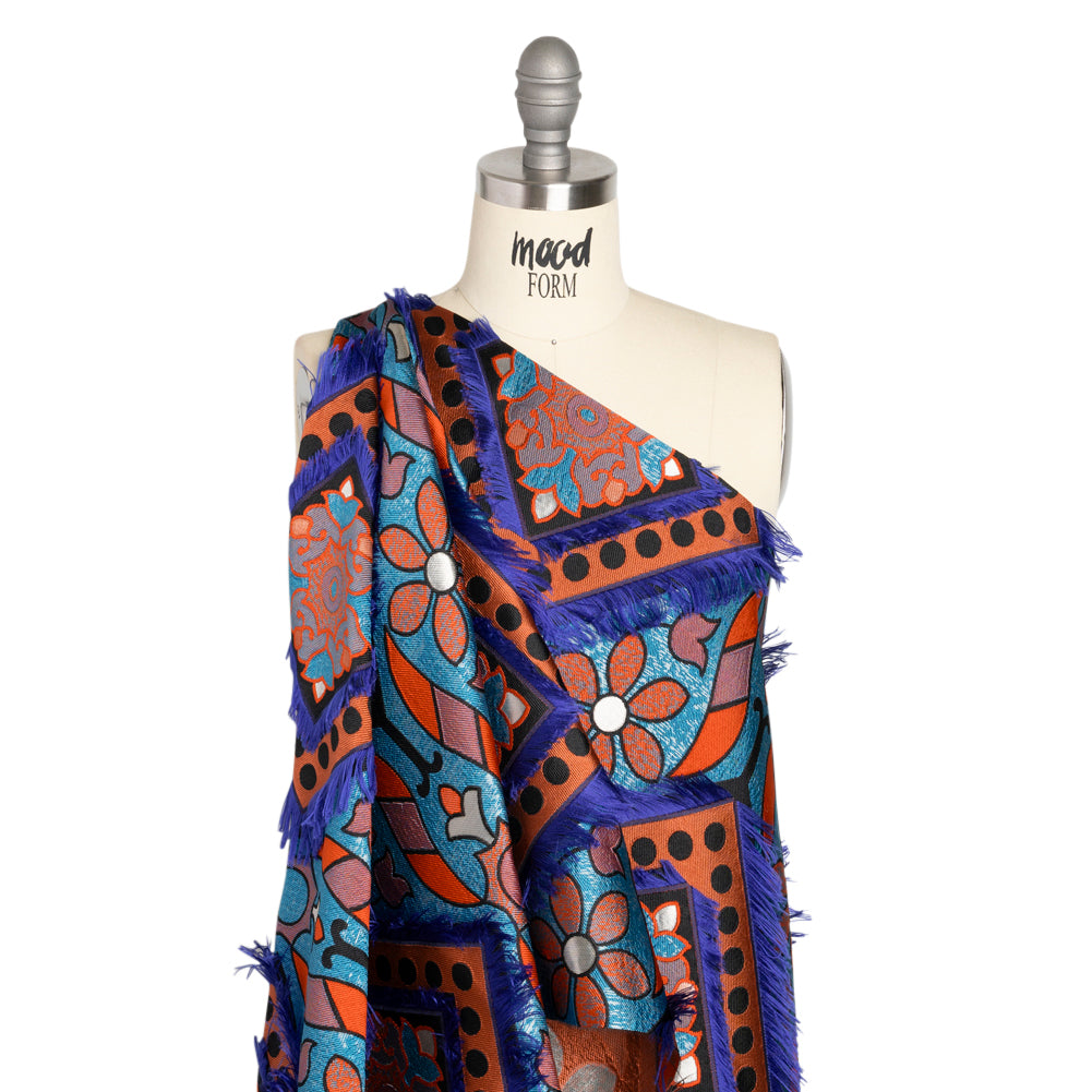 Teal, Orange and Blue Flowers and Fringed Diamonds Metallic Brocade - Drape