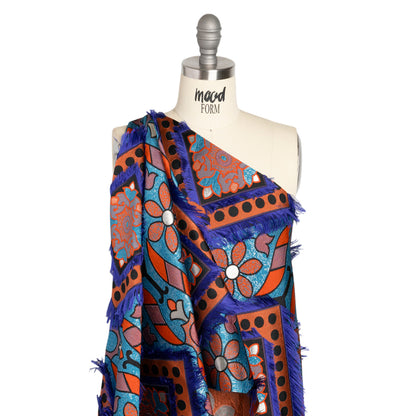 Teal, Orange and Blue Flowers and Fringed Diamonds Metallic Brocade