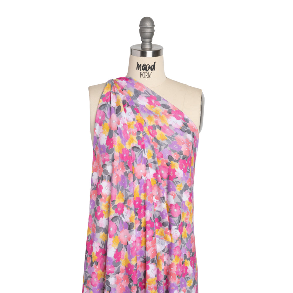 Stretch Rayon Jersey - Pink, Purple and Yellow Floral Drape