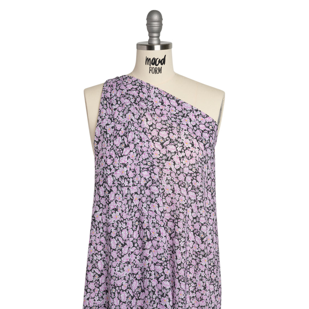 Rayon Batiste - Charcoal, White and Pink Floral Detail