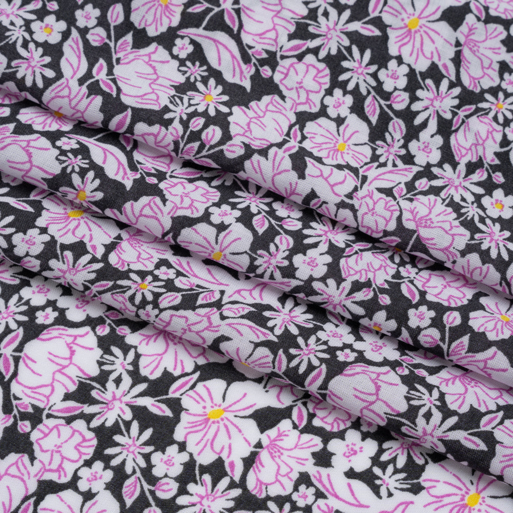 Rayon Batiste - Charcoal, White and Pink Floral Full