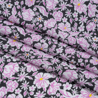 Rayon Batiste - Charcoal, White and Pink Floral Full