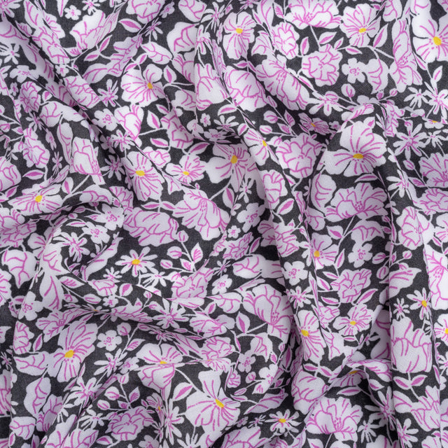 Rayon Batiste - Charcoal, White and Pink Floral