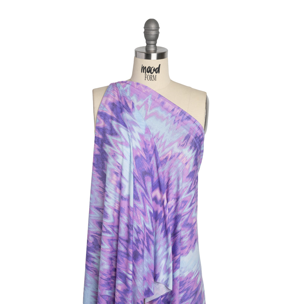 Stretch Rayon Jersey - Lavender and Sky Blue Ikat Zig Zag Drape