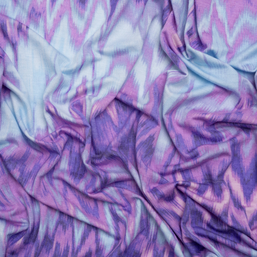 Stretch Rayon Jersey - Lavender and Sky Blue Ikat Zig Zag