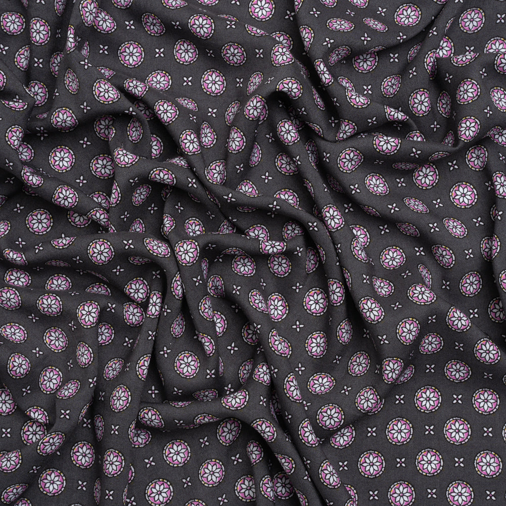 Rayon Batiste - Charcoal Gray and Lilac Floral Medallions