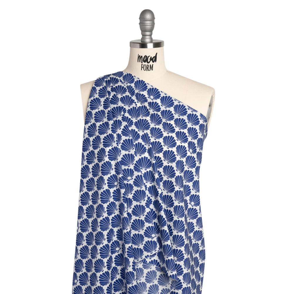 Cotton and Rayon Shirting - Blue and White Seashells Detail