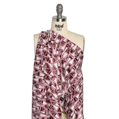 Stretch Flowers and Cranes Jacquard Print - Burgundy and White Triangles - Mood Exclusive Take Flight Drape