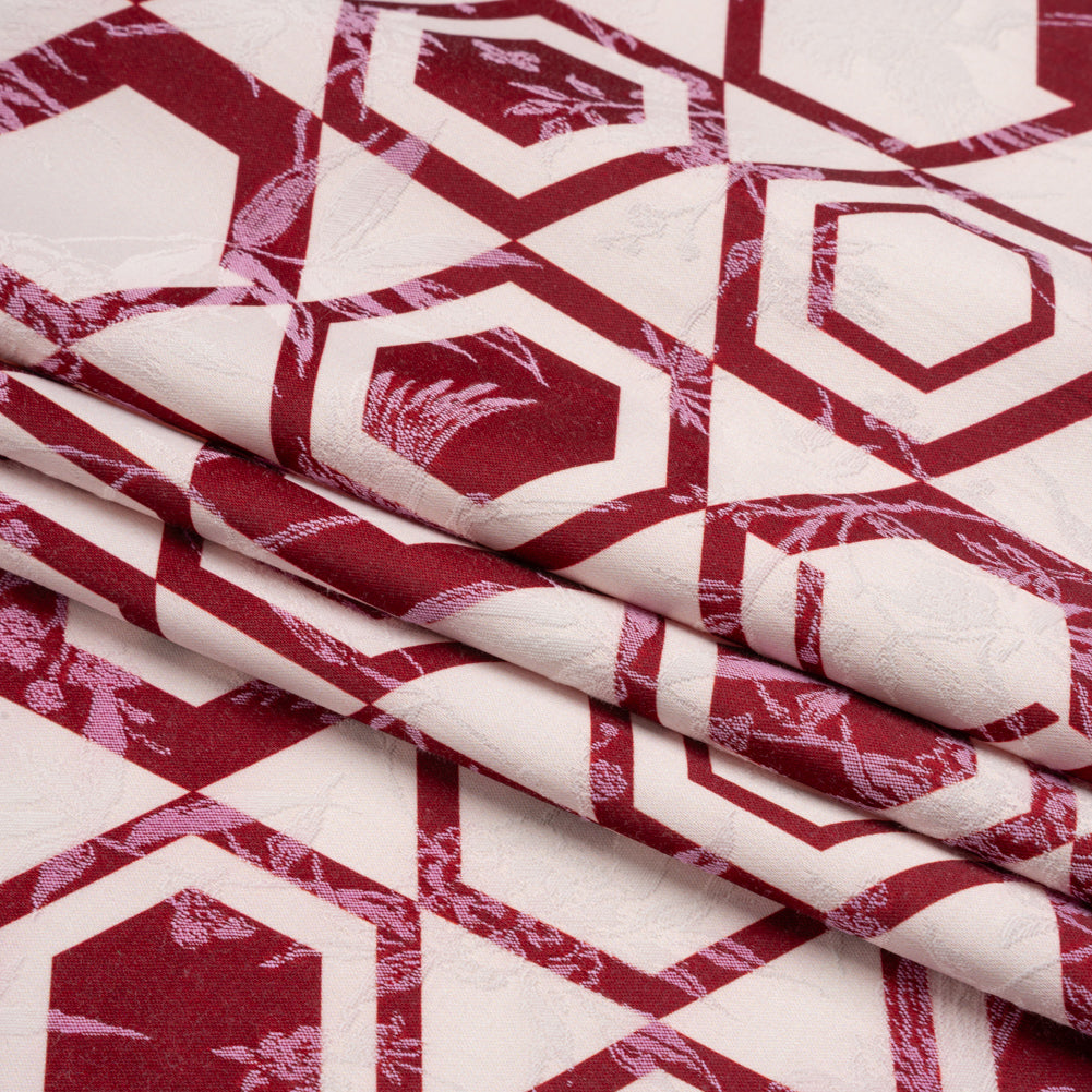 Stretch Flowers and Cranes Jacquard Print - Berry Red and White Hexagons - Mood Exclusive Cherry Hive Folded