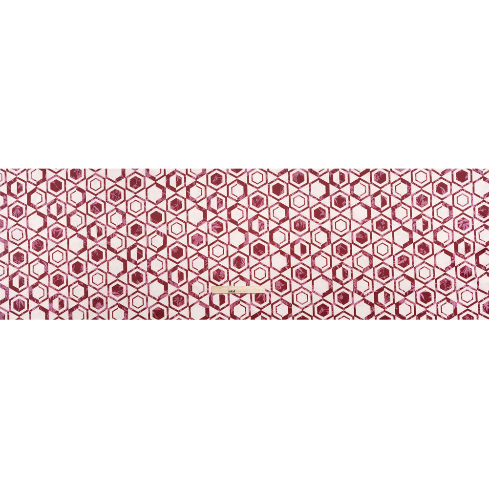 Stretch Flowers and Cranes Jacquard Print - Berry Red and White Hexagons - Mood Exclusive Cherry Hive Full