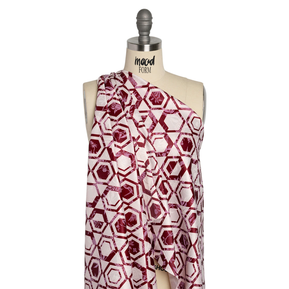 Stretch Flowers and Cranes Jacquard Print - Berry Red and White Hexagons - Mood Exclusive Cherry Hive Drape